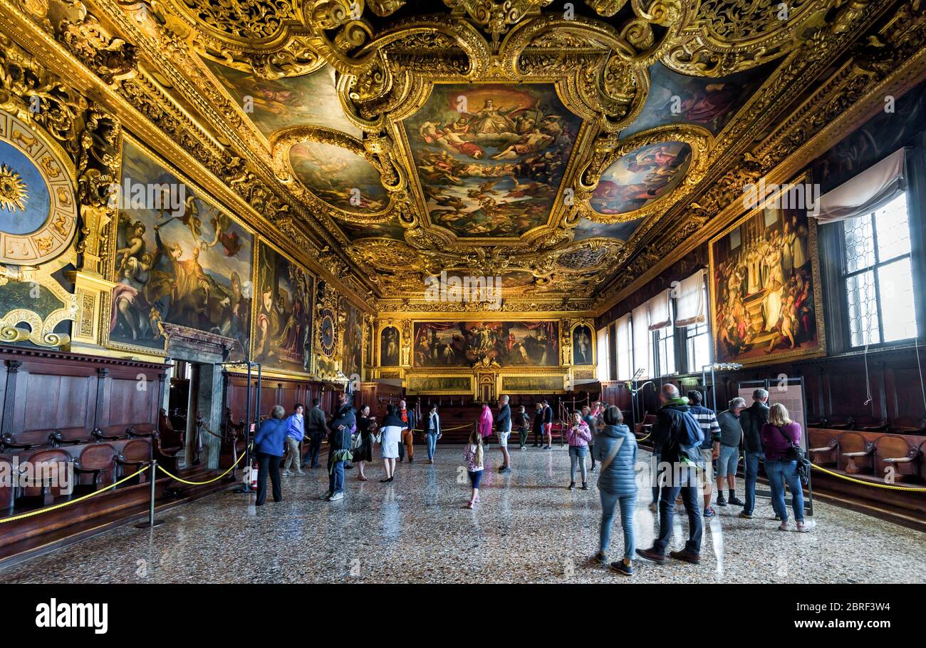 Venice, Italy - May 20, 2017: Interior of Doge`s Palace (Palazzo Ducale), the Senate Chamber. Doge`s Palace is one of the main tourist attractions in Stock Photo